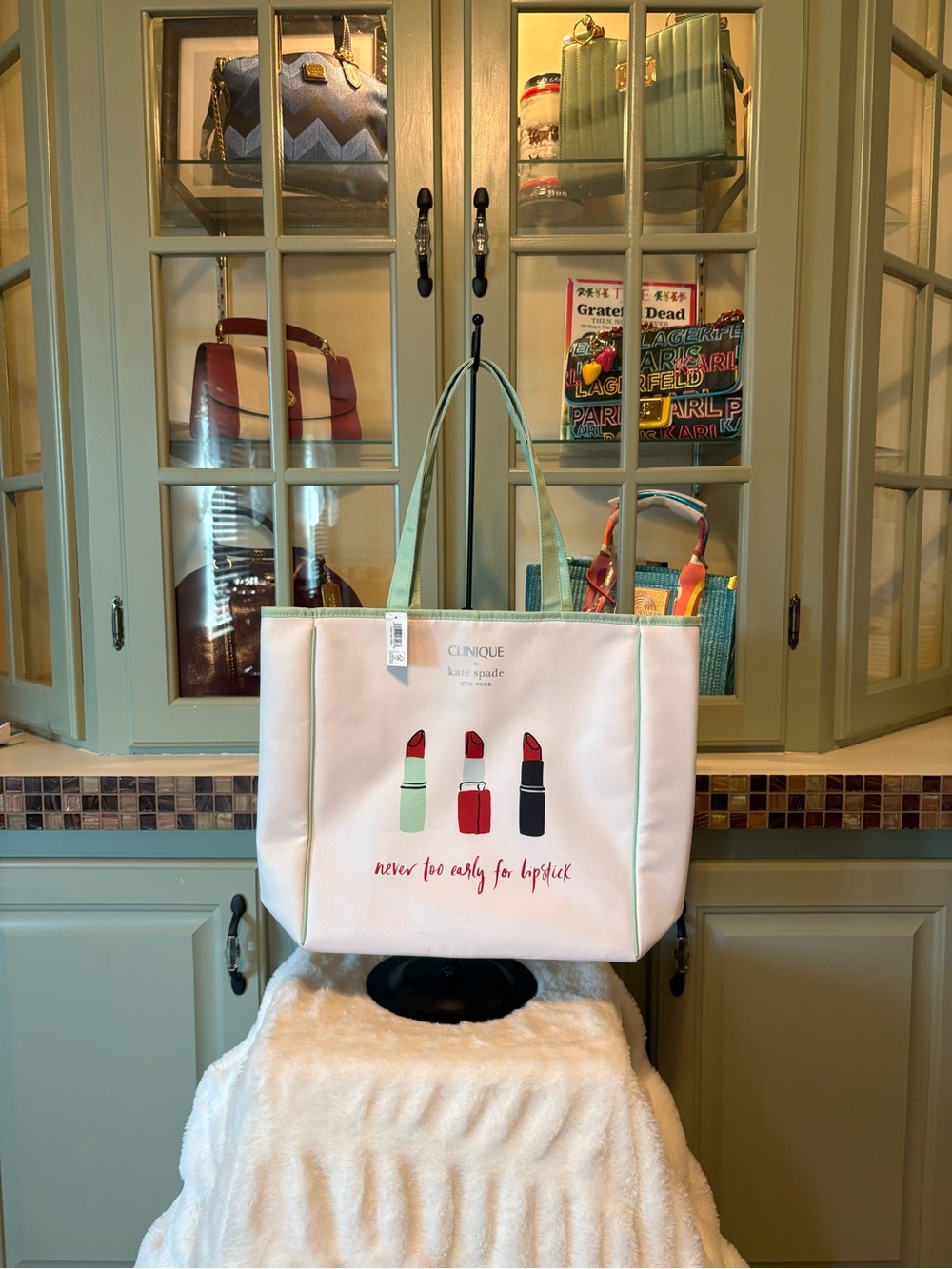 Clinique + Kate Spade White Tote with Mint Handles and Lipstick Motif